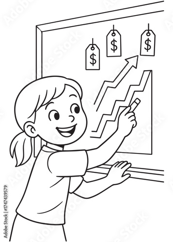 coloring book girl pointing graph with rising prices representing inflation theme line art