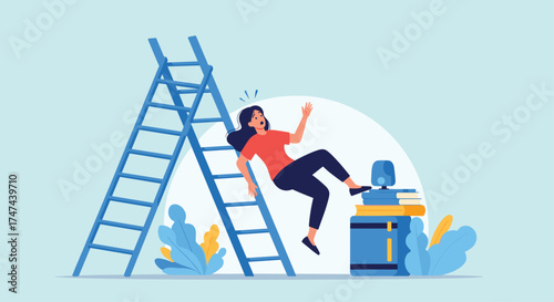 A woman falling from a ladder onto a desk.