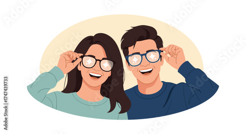 A happy couple adjusts their eyeglasses and smiles brightly. 