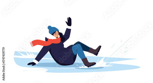 A person wearing winter clothing slips and falls on an icy surface.