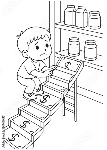 coloring book sad boy climbing money steps in store showing rising prices during inflation