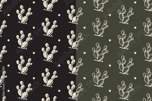 barrel cactus, desert plant retro illustration pattern on black green background set for western. round cactus, arid flora vintage doodle motif wallpaper. succulent hand drawn silhouette pattern