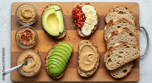 Toast Bar concept with an emphasis on plant-based ingredients: avocado slices,various seed butters,chili flakes,wholesome sourdough bread,brightly lit from above,presented as deconstructed ingredients