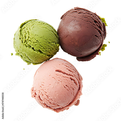 Three Scoops of Ice Cream Green Tea, Chocolate, and Strawberry