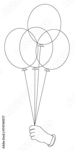 continuous line art of a hand holding several balloons