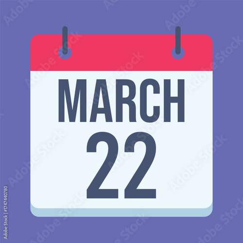 22 March Calendar. Blue Background. Isolated Vector Calendar.