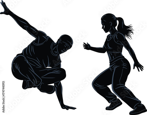 Silhouette of male breakdancer and female dancer in dynamic poses against a showing movement and energy in dance illustration on white background