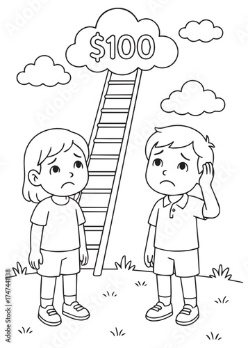 coloring book children staring at $100 ladder in sky symbolizing inflation and high prices