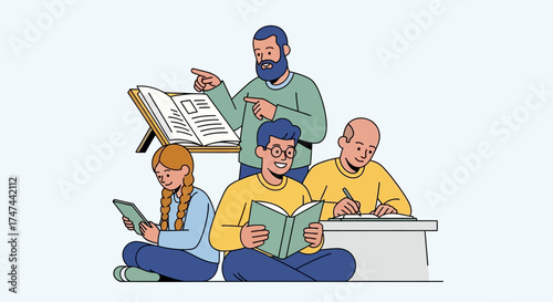 Teacher instructing students with books and tablets in a classroom setting.