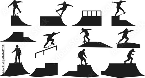 Silhouette skateboarders performing tricks on ramps, rails, and half pipes, extreme sports action, freestyle skateboarding movement illustration