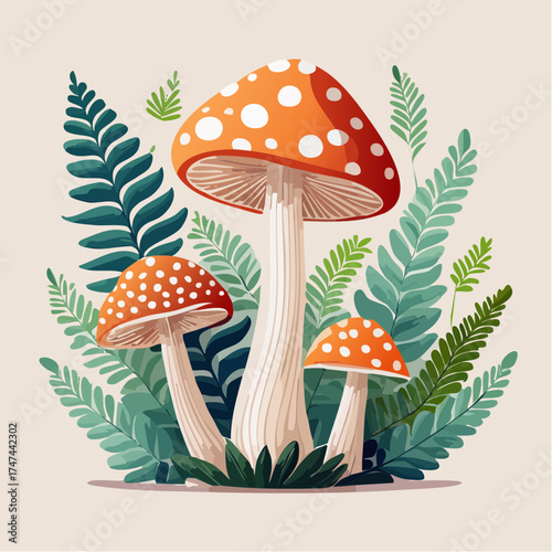 Mushrooms and ferns in a woodland scene