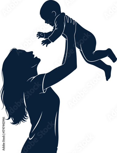 Silhouette of mother holding her baby up in the air with love and joy in a vector illustration of family bonding and maternal affection on white background
