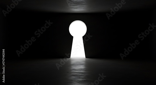 Glowing lights key shaped hole in dark empty room. Mystical and symbolic concept