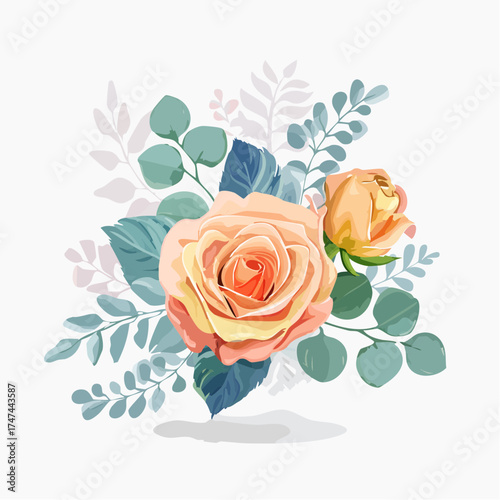 Peach and yellow roses with eucalyptus leaves