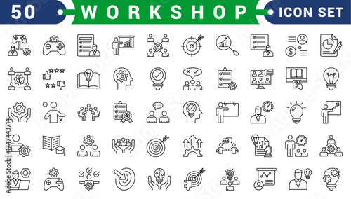 workshop icons, icon set of teamwork with coaching, training, meeting, simple symbols, linear vector illustration, outline editable stroke