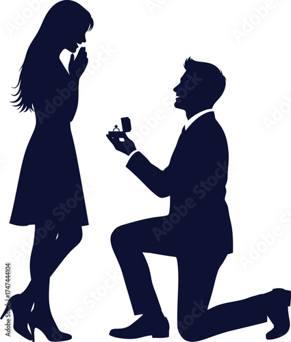Man proposing to woman with ring in silhouette for engagement or wedding concept illustration on white background