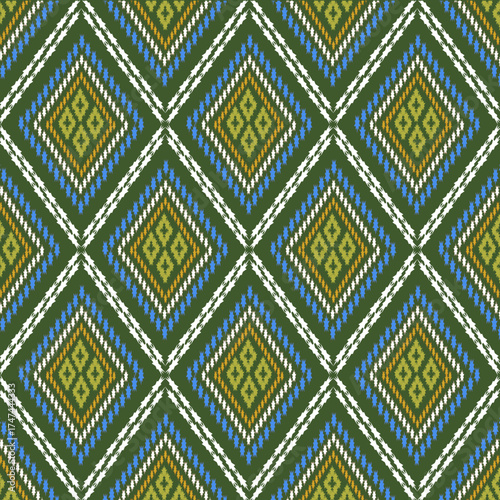 Traditional Thai-inspired textile patterns featuring geometric diamond motifs in vivid colors, symbolizing cultural artistry and elegance, perfect for modern fabric and design applications.
ึ