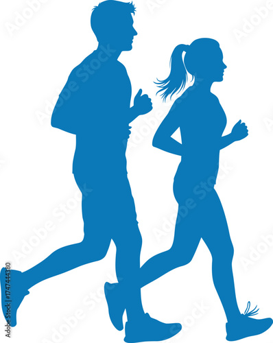 Blue silhouettes of a man and woman jogging together for fitness and healthy lifestyle in a vector illustration style on white background