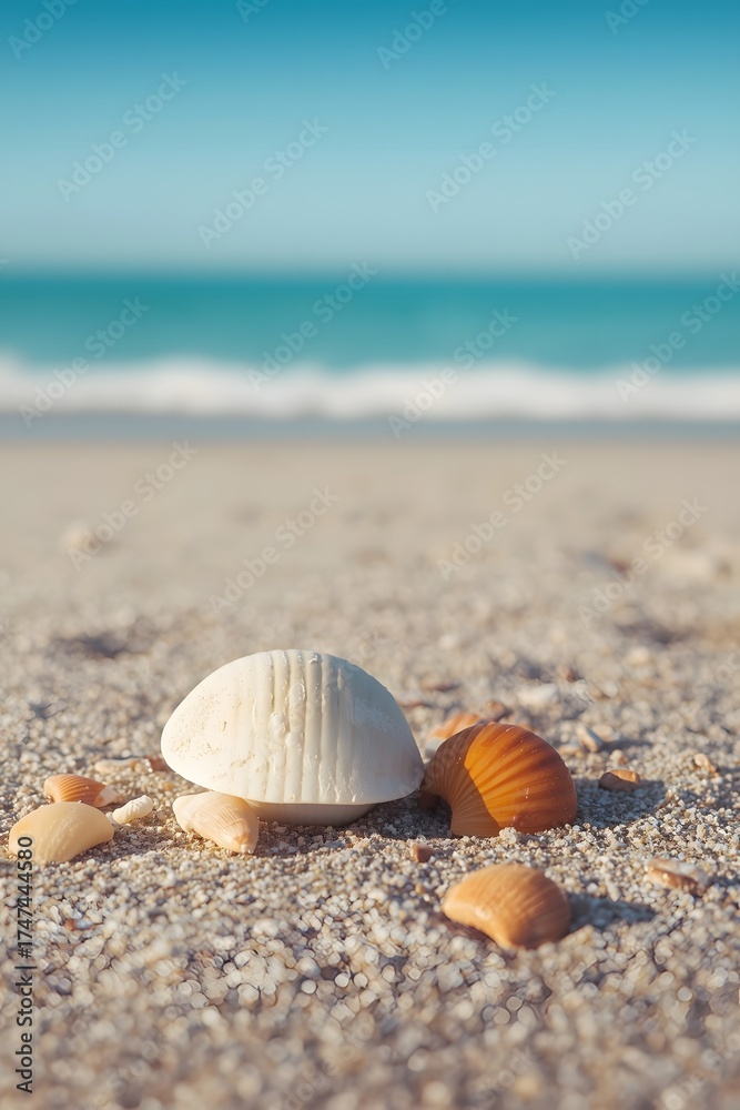 Obraz premium Tranquil seashore with seashells on smooth golden sand under clear blue sky and calm ocean waves, creating a peaceful summer atmosphere perfect for relaxation, travel, and natural background imagery