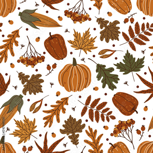 Autumn seamless vector pattern. Seasonal harvest of pumpkins, fresh apples, corn cobs, rowan berries. Colorful fall oak and maple leaves, winged seeds. Cozy flat background for Thanksgiving, holidays