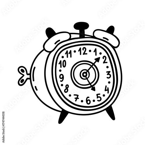 Ringing alarm clock vector illustration. Vintage mechanical clock with a round dial, bells, winding key. Classic watch for morning wake up calls. Symbol of deadlines, reminder. Black and white doodle