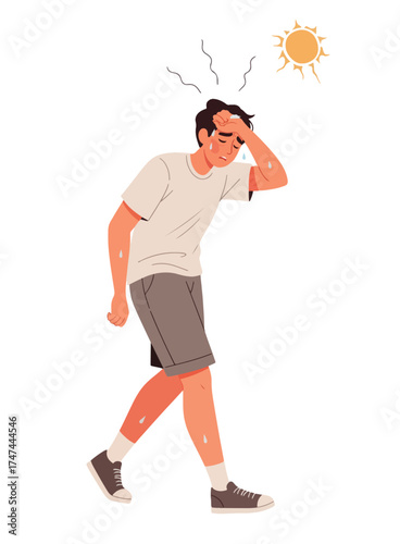 A man is sweating profusely and holding his forehead while walking under the hot sun, indicating heat exhaustion.
