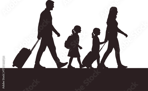 Silhouette of family walking with luggage representing travel and vacations together on white background