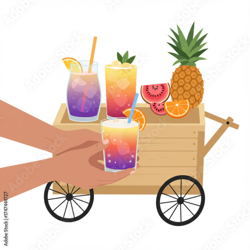 Colorful Tropical Juice Cart with Fresh Fruits – Summer Drink Vector Illustration