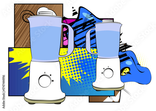 Cartoon Food Blender, comic book juice. Retro vector comics pop art design.