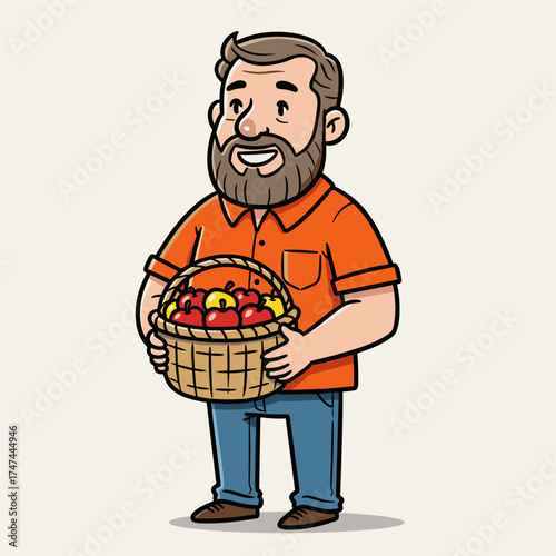 Smiling man with beard holds basket of apples, wearing orange shirt and jeans on light background.
