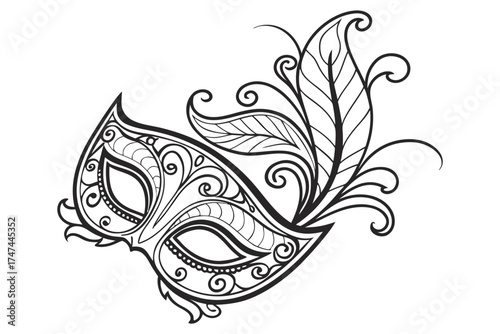 Intricate Venetian Masquerade Mask Line Art. Elegant Ornamental Design for Coloring and Decoration.