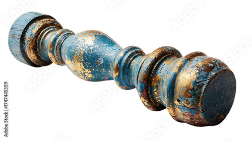 Distressed blue and gold wooden spindle isolated on transparent background