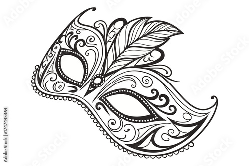 Intricate Venetian Masquerade Mask Line Art. Elegant Ornamental Design for Coloring and Decoration.