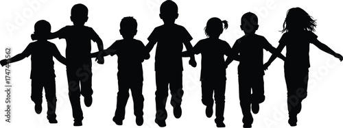 Silhouette of children running together holding hands in a joyful and playful manner on white background