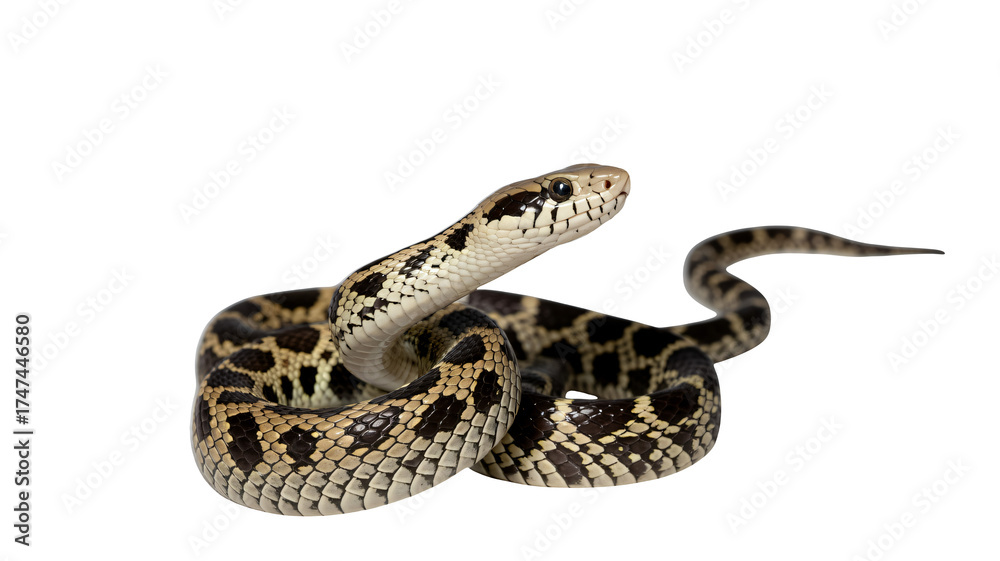 Obraz premium Intricate coiled snake displays striking scales and alert gaze