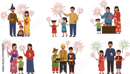 Happy family fireworks celebration, festive night illustration, joyful festival with parents and kids, cultural celebration, traditional clothes, fireworks vector art
