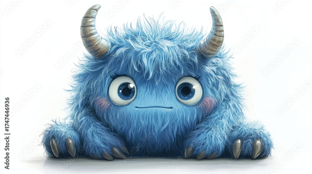 Naklejka premium Cute blue furry monster with big eyes.