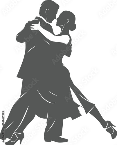 Elegant tango dancers in silhouette performing a passionate dance together in a vector style illustration on white background
