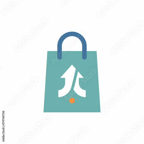 Teal shopping bag with white arrows and orange dot logo.