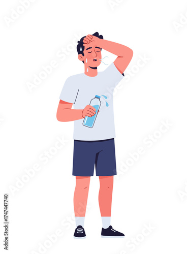 Sweating man holding a water bottle, feeling hot and dehydrated after physical activity.