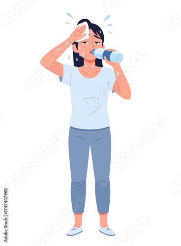 Woman experiencing heat exhaustion, wiping sweat from her forehead while drinking water from a bottle.