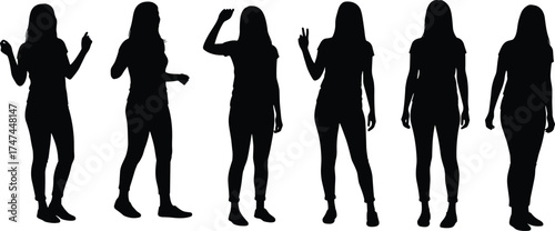 Female silhouette poses — standing women outlines in casual clothes for art, design, fashion, and creative illustration projects