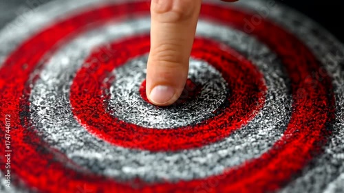 Close-up of Finger Pointing at Red Chalk Circle on Black Background