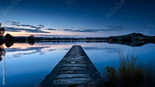 Serene Lake Landscape at Dusk with Reflection and Stone Pathway