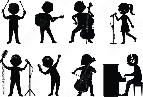 Kids playing musical instruments silhouettes, children singing and performing, music education art, band illustration for school concert or poster