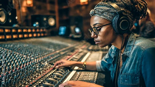 Woman in Headphones Mixing Music on Studio Soundboard Console