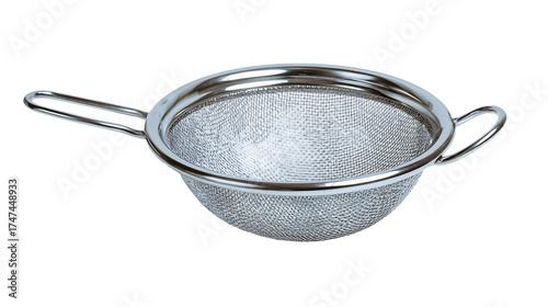 Stainless steel mesh strainer isolated on transparent background for kitchen use