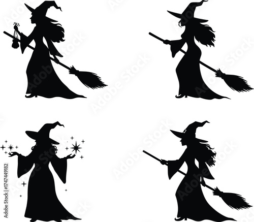 Halloween witch silhouettes with broomstick and magic wand, mystical female character illustration, spooky fantasy art, witchcraft and sorcery design