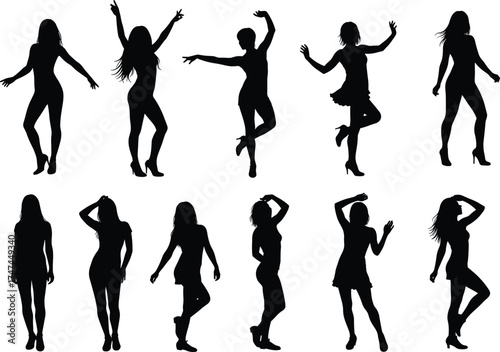 Silhouettes of dancing women in various poses, female dancer illustration, performance art, nightlife energy, party motion, celebration concept