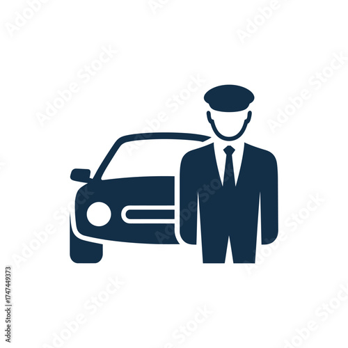 Professional chauffeur standing next to a luxury car